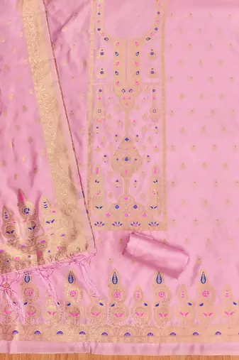 Baby pink soft silk blend silk pure zari woven dress material