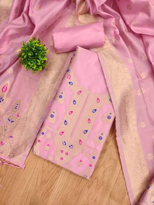 Baby pink soft silk blend silk pure zari woven dress material 4