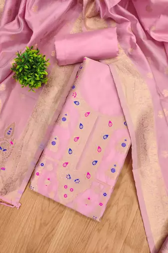Baby pink soft silk blend silk pure zari woven dress material