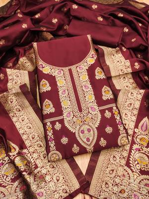 Maroon soft silk blend silk pure zari woven dress material 1