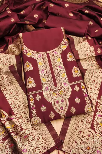 Maroon soft banarasi silk pure zari woven design dress material