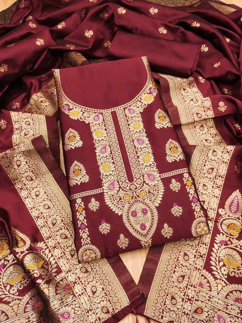 Maroon soft banarasi silk pure zari woven design dress material