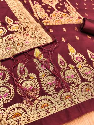 Maroon soft silk blend silk pure zari woven dress material 2