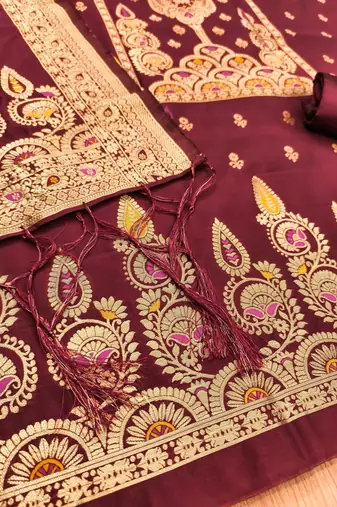 Maroon soft silk blend silk pure zari woven dress material