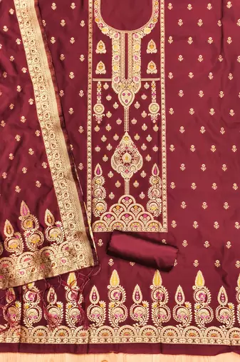 Maroon soft silk blend silk pure zari woven dress material