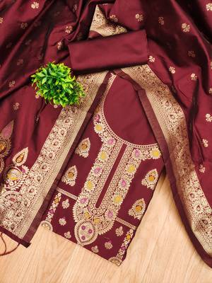 Maroon soft silk blend silk pure zari woven dress material 4