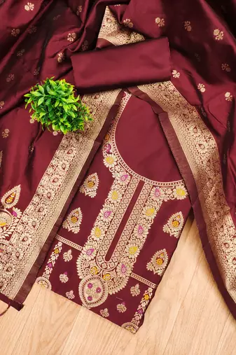 Maroon soft silk blend silk pure zari woven dress material