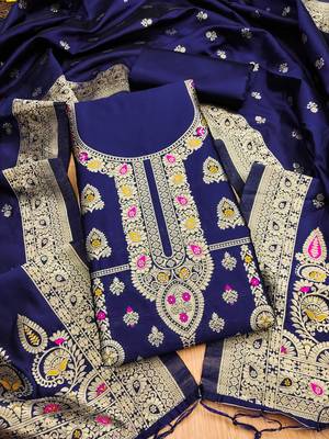 Navy blue soft silk blend silk pure zari woven dress material 1