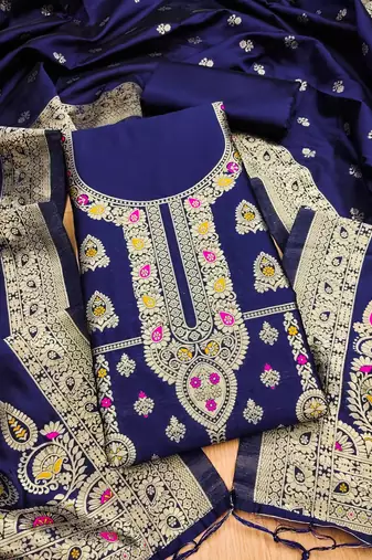 Navy blue soft banarasi silk pure zari woven design dress material