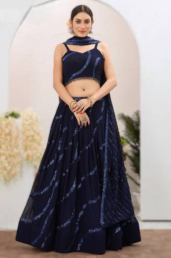 navy_blue Readymade Georgette Lehenga Choli Set with Dupatta (Sleeveless Blouse)