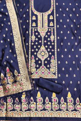 Navy blue soft silk blend silk pure zari woven dress material 3