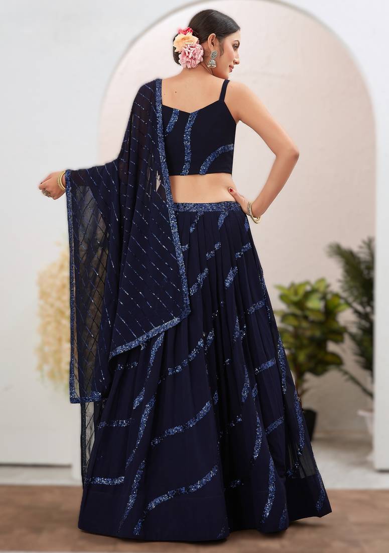 navy_blue Readymade Georgette Lehenga Choli Set with Dupatta (Sleeveless Blouse)