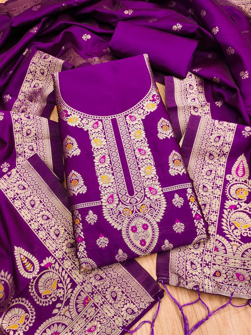 Purple soft banarasi silk pure zari woven design dress material