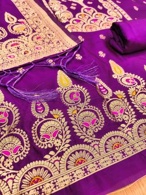 Purple soft silk blend silk pure zari woven dress material 2