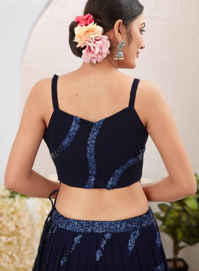 navy_blue Readymade Georgette Lehenga Choli Set with Dupatta (Sleeveless Blouse)