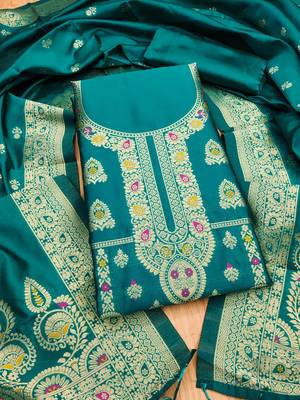 Teal soft silk blend silk pure zari woven dress material 1