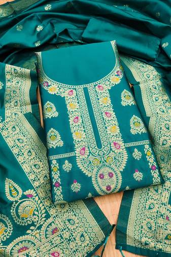 Teal soft banarasi silk pure zari woven design dress material