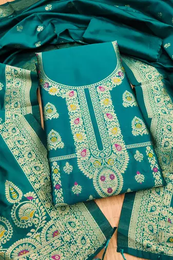 Teal soft banarasi silk pure zari woven design dress material