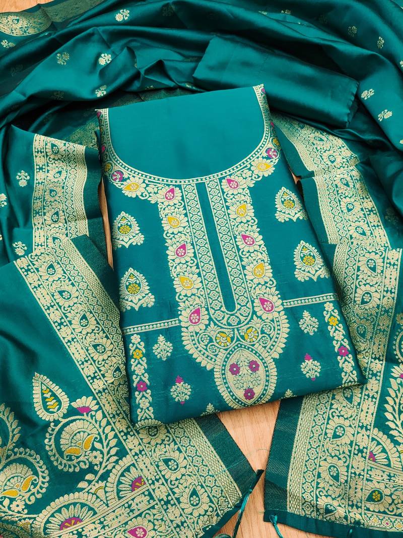Teal soft banarasi silk pure zari woven design dress material
