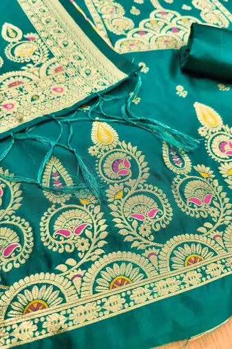 Teal soft silk blend silk pure zari woven dress material