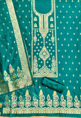 Teal soft silk blend silk pure zari woven dress material 3