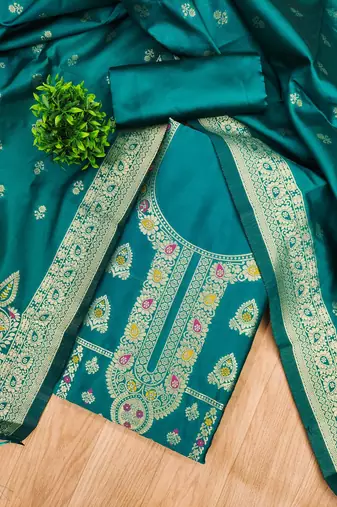 Teal soft silk blend silk pure zari woven dress material