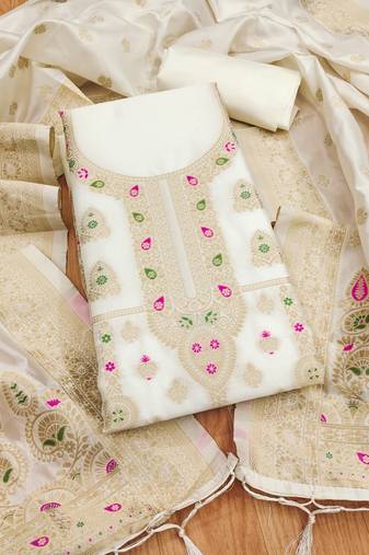 White soft banarasi silk pure zari woven design dress material