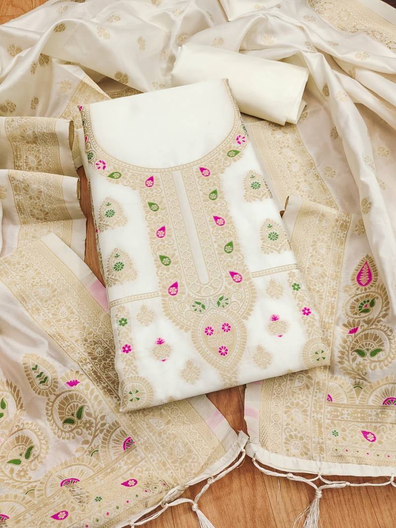 White soft banarasi silk pure zari woven design dress material