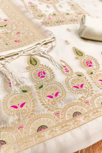 White soft silk blend silk pure zari woven dress material