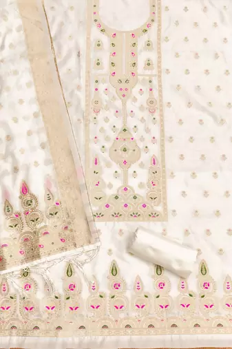 White soft silk blend silk pure zari woven dress material