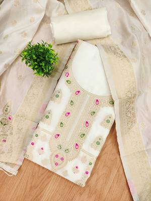 White soft silk blend silk pure zari woven dress material 4
