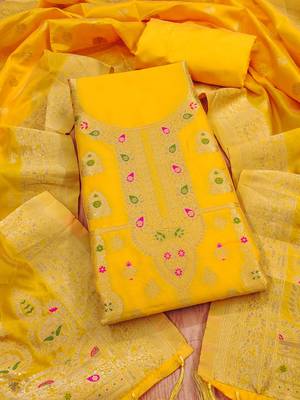 Yellow soft silk blend silk pure zari woven dress material 1