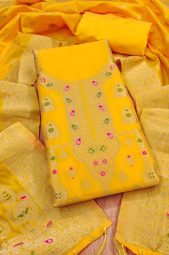 Yellow soft banarasi silk pure zari woven design dress material