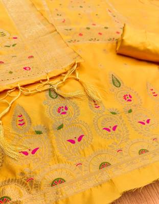 Yellow soft silk blend silk pure zari woven dress material 2