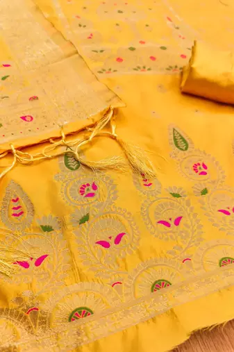 Yellow soft silk blend silk pure zari woven dress material