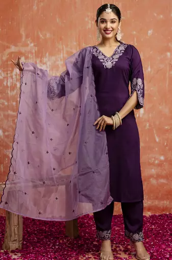 Women's embroidered silk blend kurta pant sets with dupatta