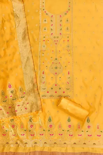 Yellow soft silk blend silk pure zari woven dress material