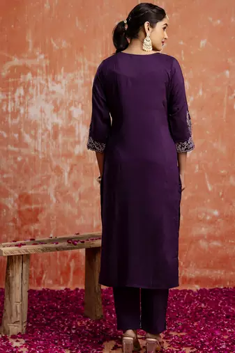 Women's embroidered silk blend kurta pant sets with dupatta