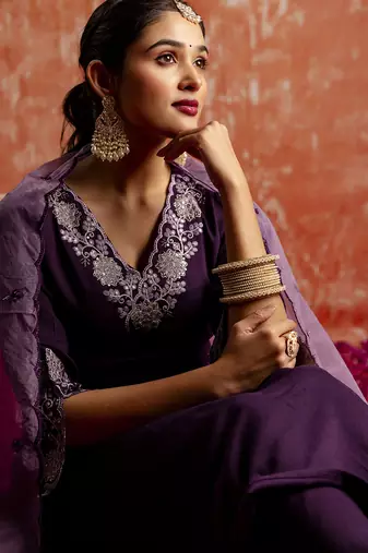 Women's embroidered silk blend kurta pant sets with dupatta