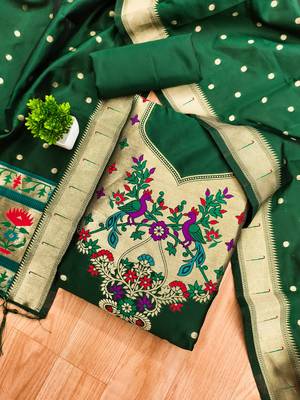 Bottle green soft silk blend silk pure zari woven dress material 1