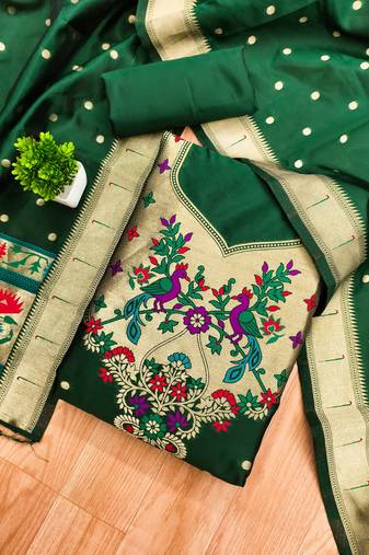 Bottle green soft banarasi silk pure zari woven design dress material