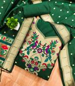 Bottle green soft banarasi silk pure zari woven design dress material