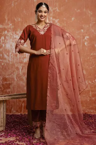 Women's embroidered silk blend kurta pant sets with dupatta