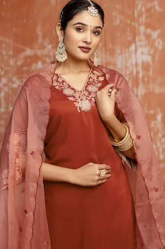 Women's embroidered silk blend kurta pant sets with dupatta