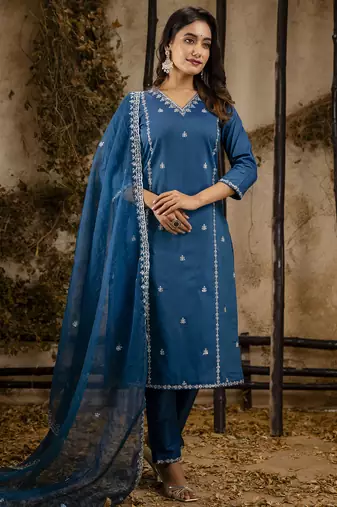 Women's embroidered silk blend kurta pant sets with dupatta