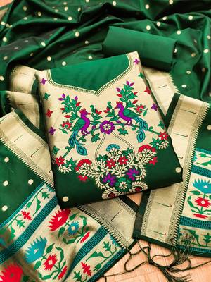 Bottle green soft silk blend silk pure zari woven dress material 2