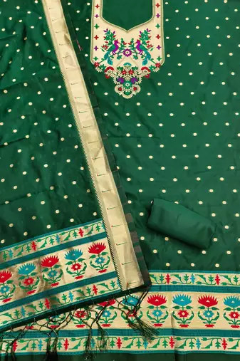 Bottle green soft silk blend silk pure zari woven dress material