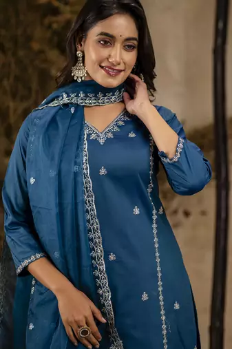 Women's embroidered silk blend kurta pant sets with dupatta