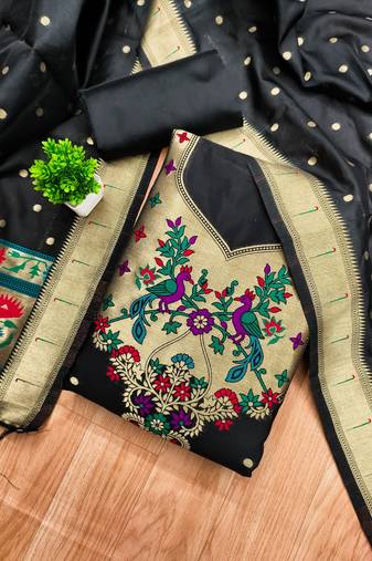 Black soft banarasi silk pure zari woven design dress material