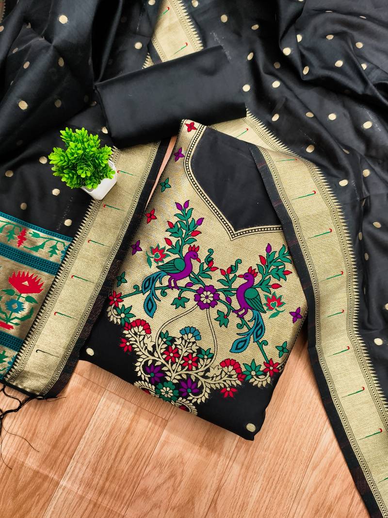 Black soft banarasi silk pure zari woven design dress material